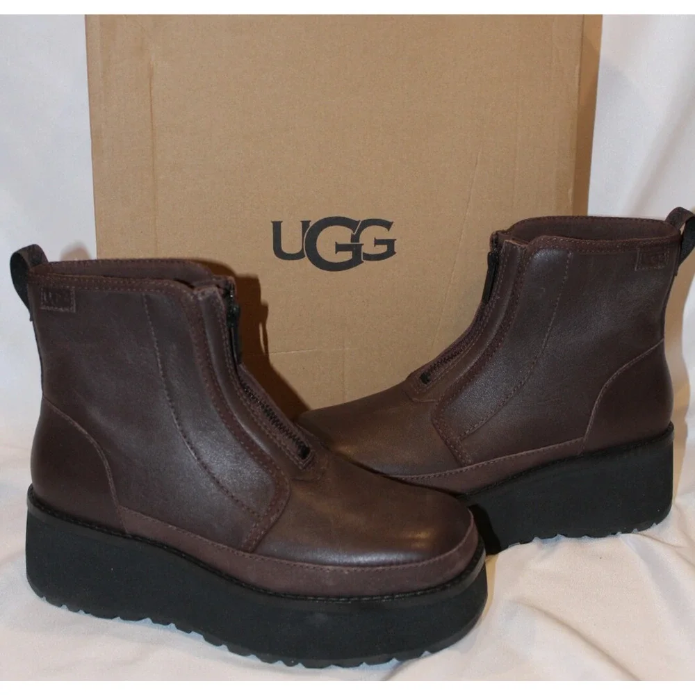 UGG CITYFUNC ZIP BURNT CEDAR LEATHER WATERPROOF ZIP WOMEN'S BOOTS BROWN